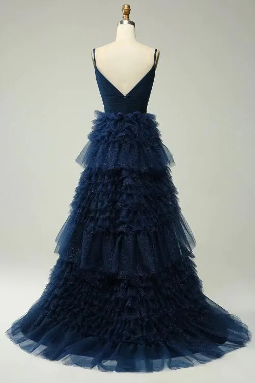 A Line Spaghetti Straps Navy Long Prom Dress With Ruffles Y6766