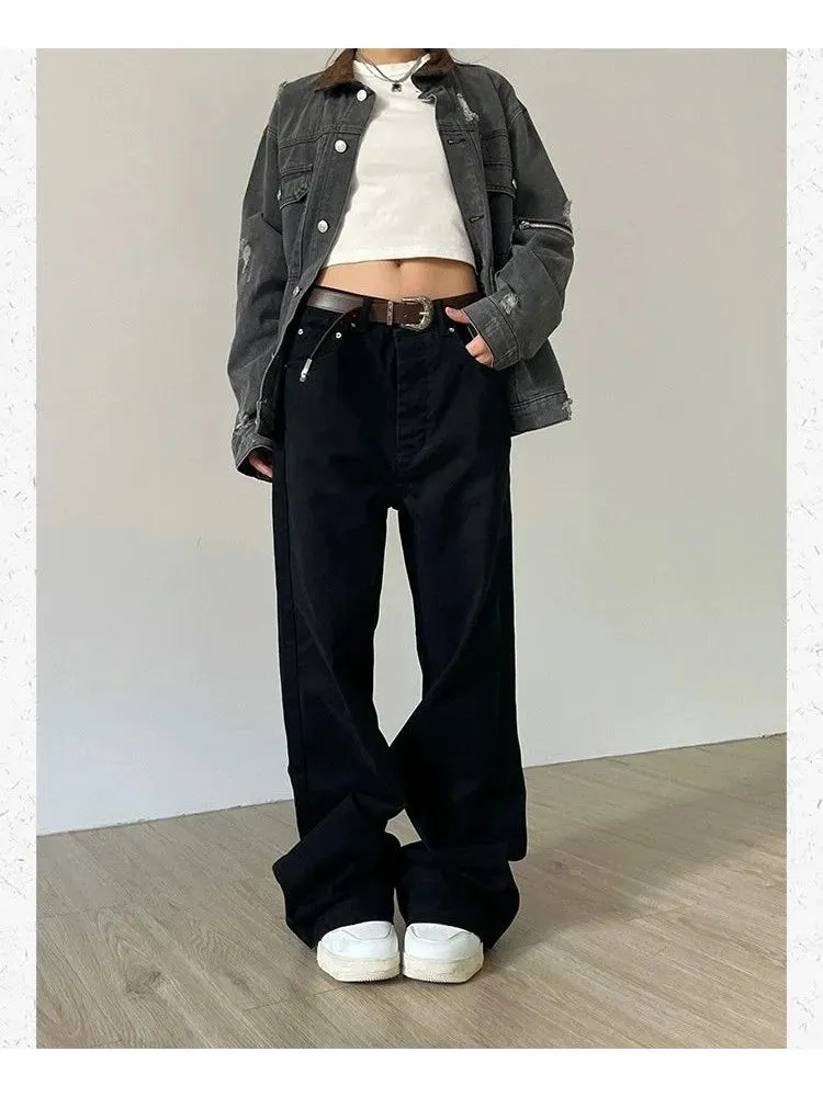 Black Denim Basic Oversize Loose Women Y2K Vintage Retro Pant