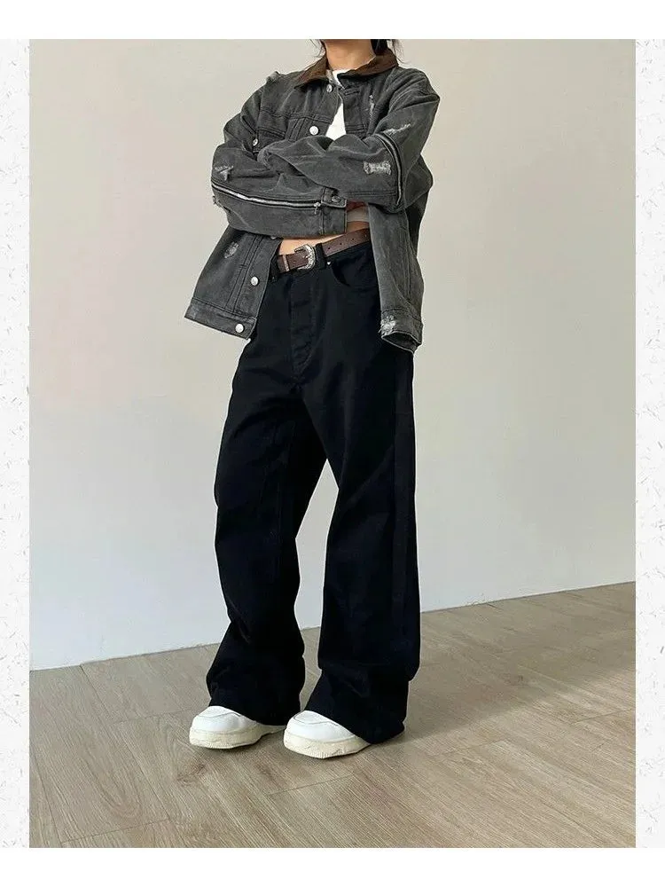 Black Denim Basic Oversize Loose Women Y2K Vintage Retro Pant