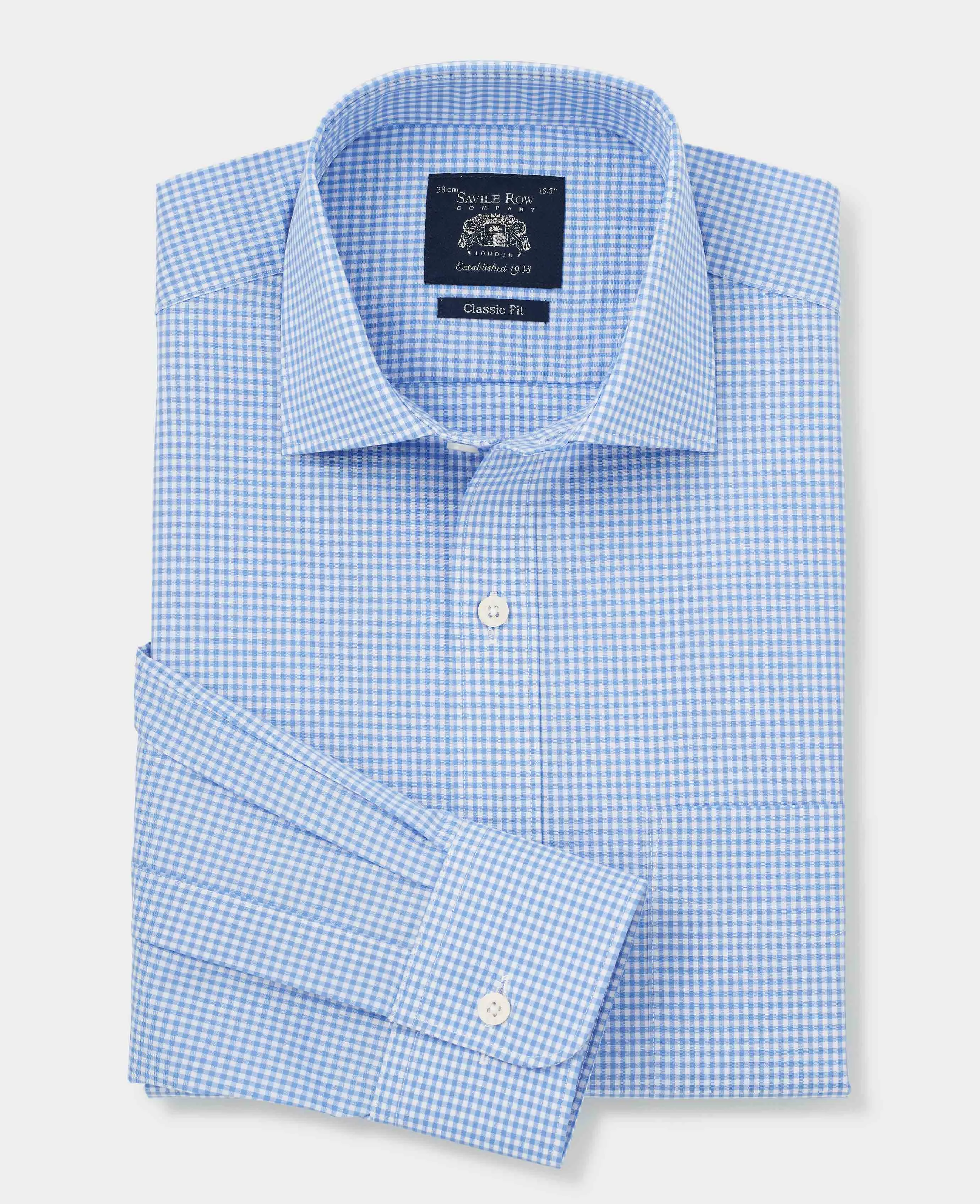 Blue Poplin Classic Fit Gingham Formal Shirt - Single Cuff