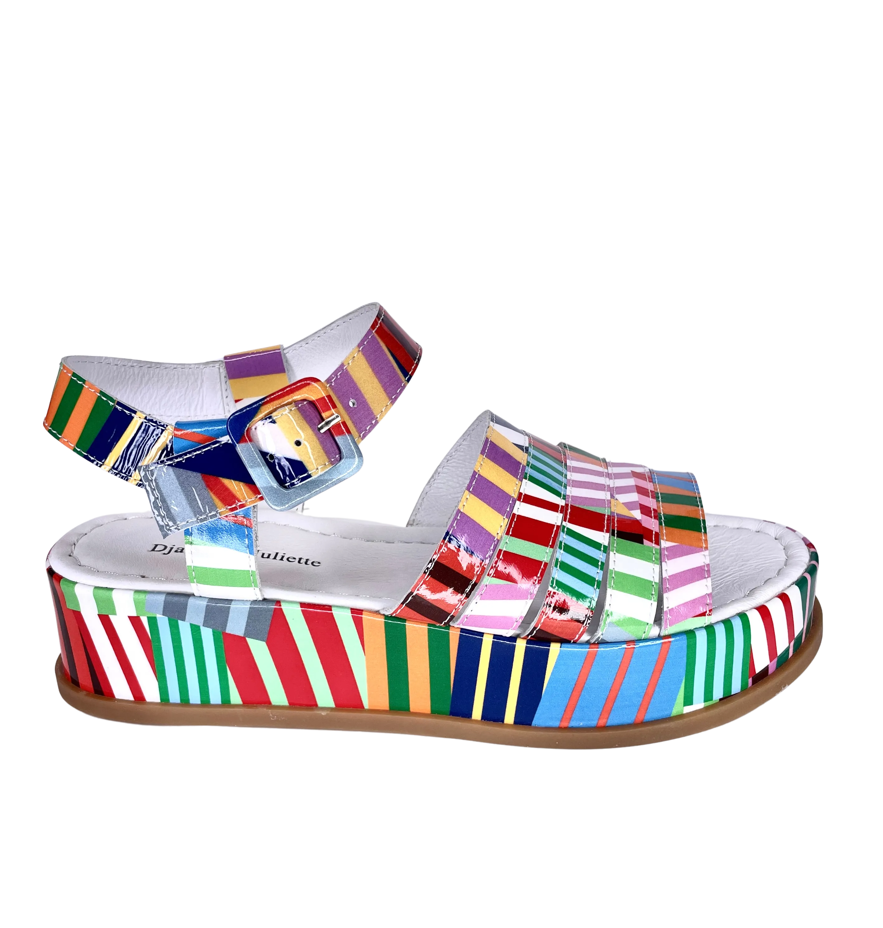 Django & Juliette WOLLIE Platform Sandal in Multi Stripe Patent Leather