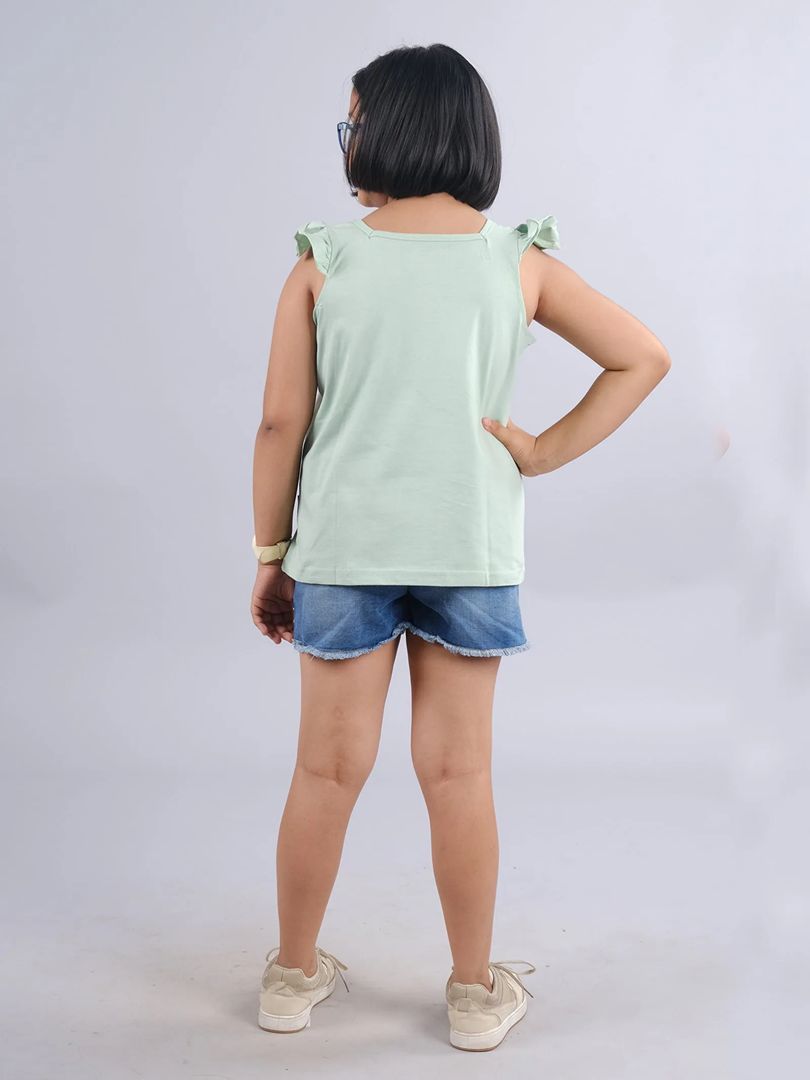 Girls Printd Frill Sleeve Square Neck Tee & Denim Hot Shorts Set