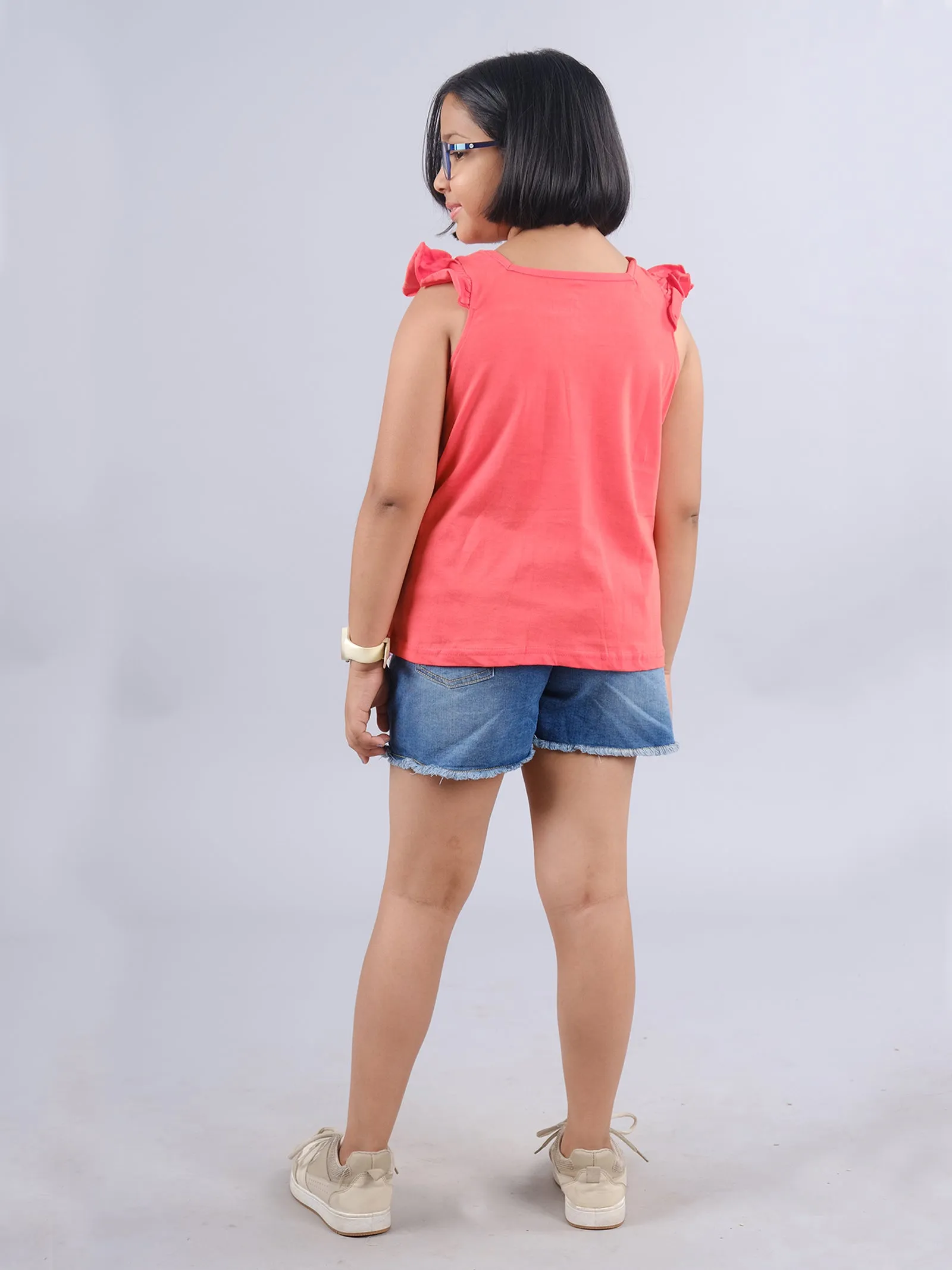 Girls Printd Frill Sleeve Square Neck Tee & Denim Hot Shorts Set