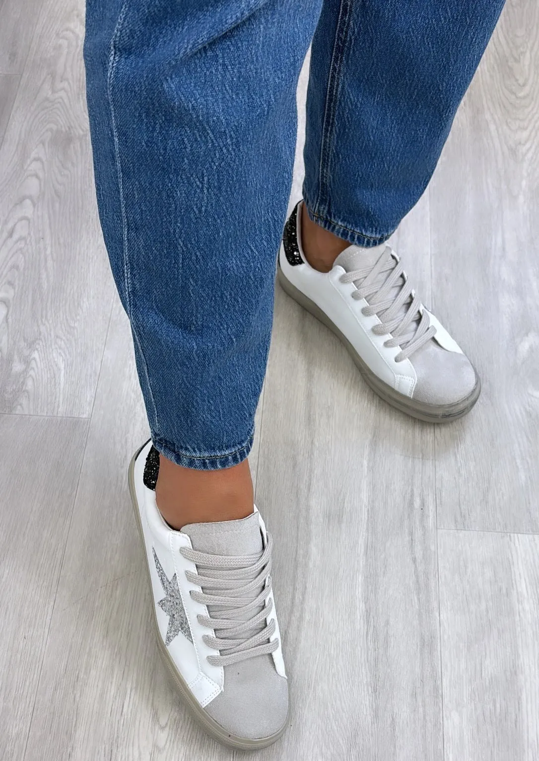 Nuala Silver Glitter Star White Trainers