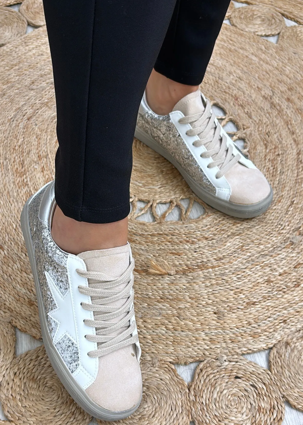 Nuala White Silver Glitter Trainers